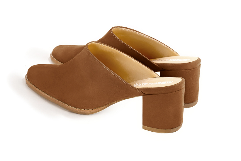 Caramel brown women's clog mules. Round toe. Medium block heels. Rear view - Florence KOOIJMAN